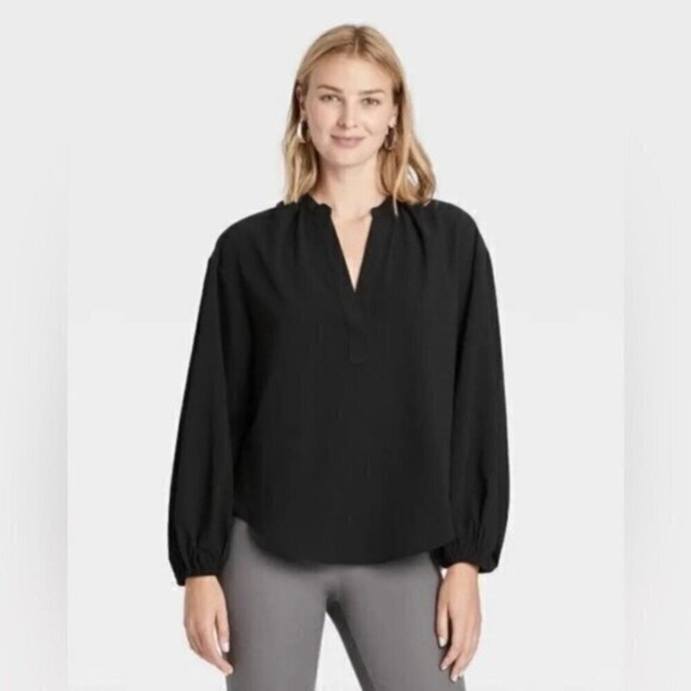 A New Day Women's Black Long Sleeve Popover Blouse Top